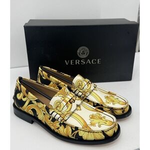 Versace Barocco Moccasin Vitello Loafers‎ Gold Black White EU 39 US 6 Italy